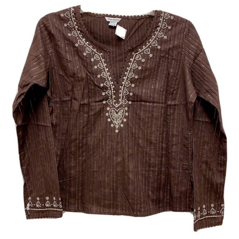 Lurex Embroidered Women Long Sleeve Brown Size Large 100% Cotton New WT